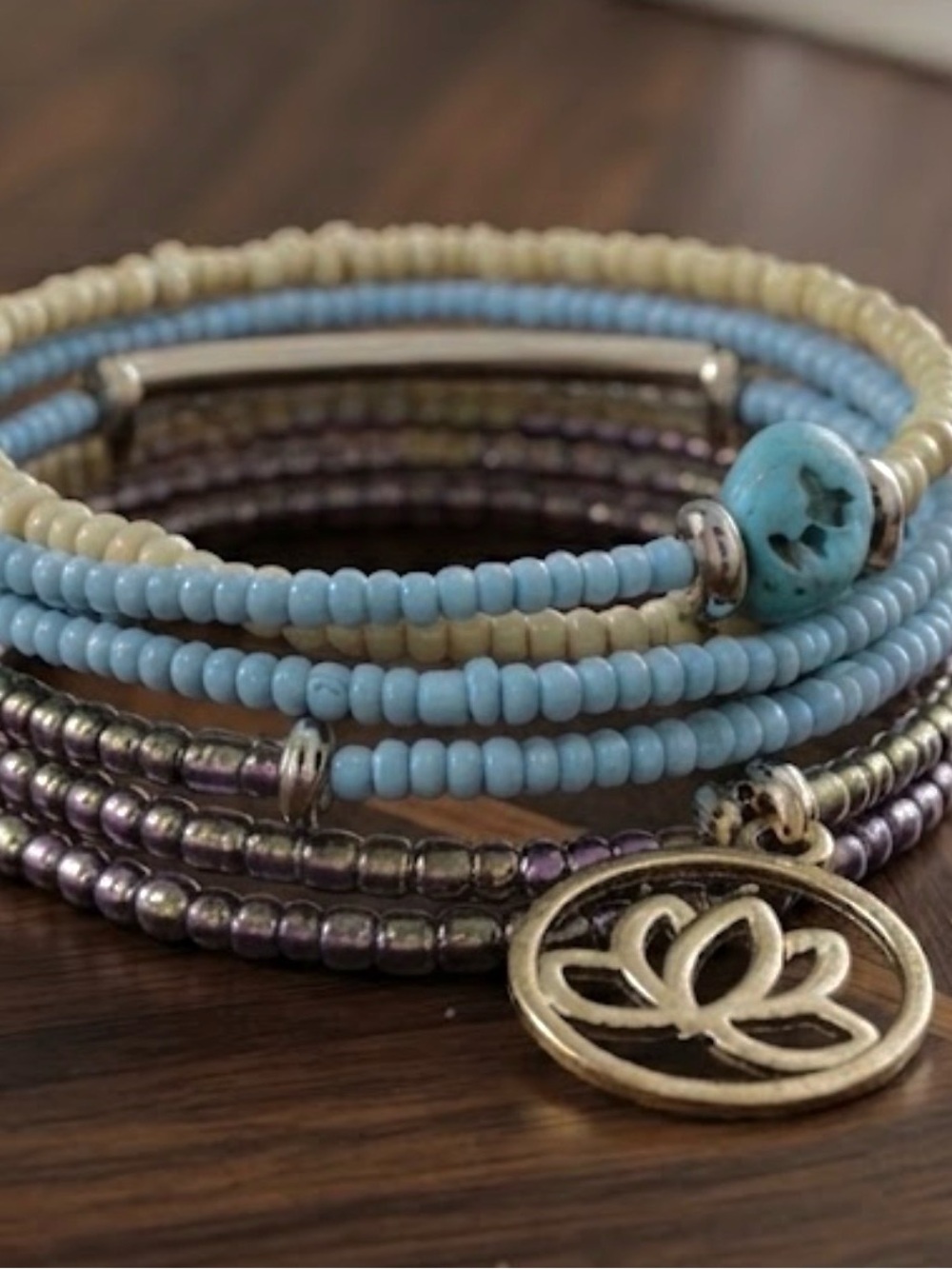 Artisan Lotus Charm Wrap Bracelet - Blue, Cream, Purple, Turquoise